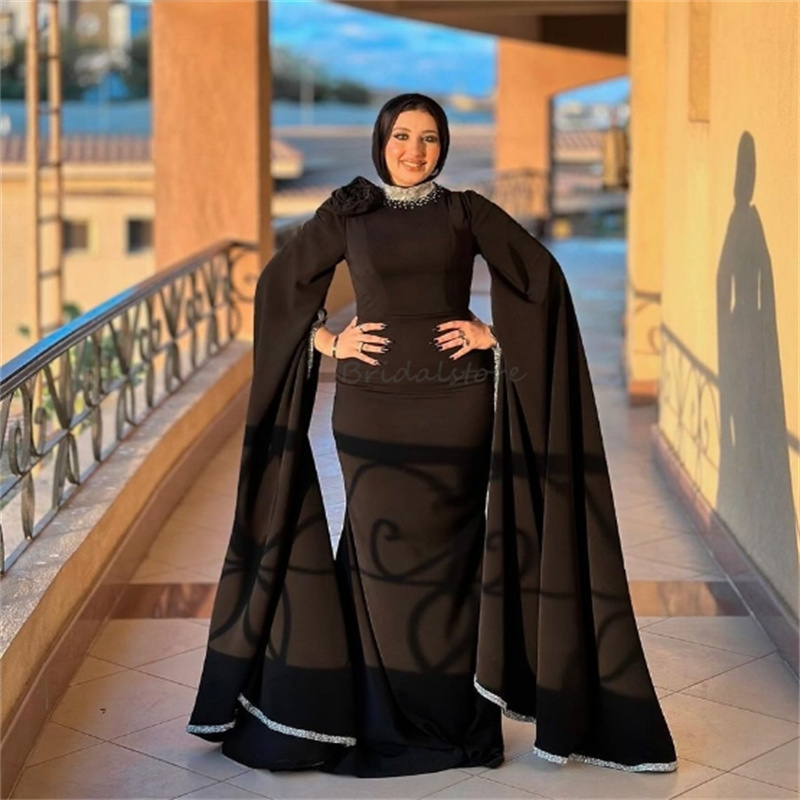 Moroccan Dubai Black Evening Dress With Beaded Sequin Elegant Islamic Muslim Prom Dress Mermaid Formal Party Special Occasion Dress Robe De Mariage Ve