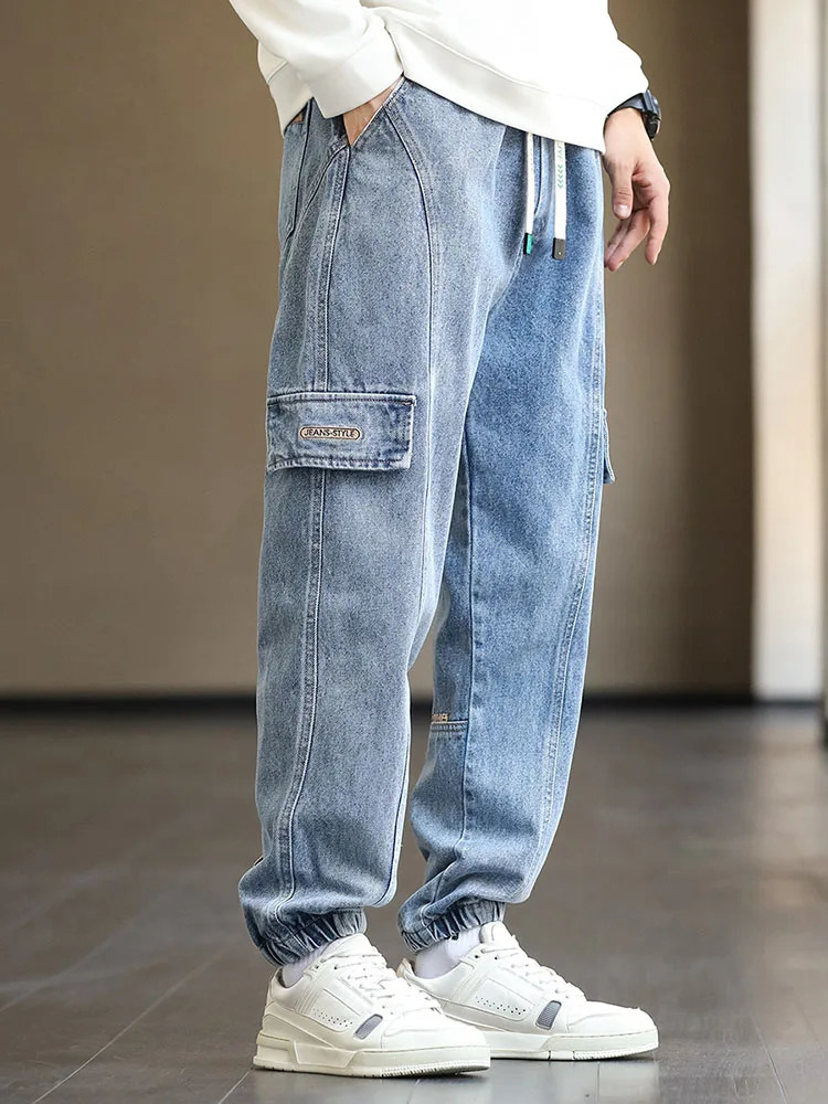 Plus Size Mens Cargo Jogger Jeans Hip Hop Streetwear Pockets Stretched Cotton Casual Denim Pants Baggy Jean Trousers 8XL 241111