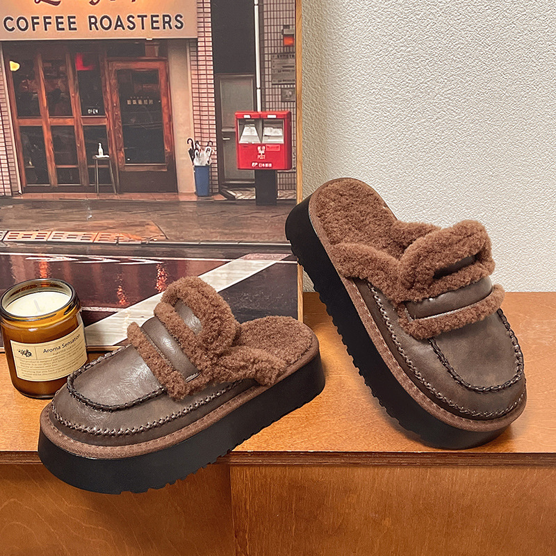 Women's Slippers:Winter Fleece Warm Thick Sole Outdoor Wear 2024 New Fashion Versatile Comfort,Black/Brown,Free shipping