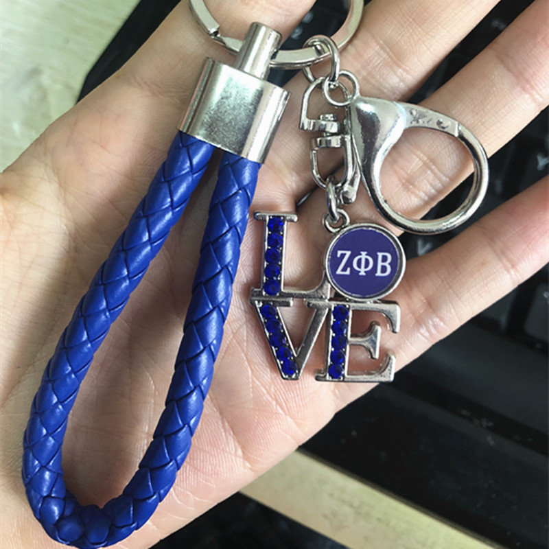 1Pcs Zeta Phi Beta Charm Crystal Pearl Braided Leather Keychain OKC28 DIY Fraternity Sorority Greek Bag Car Accessory KeyRing
