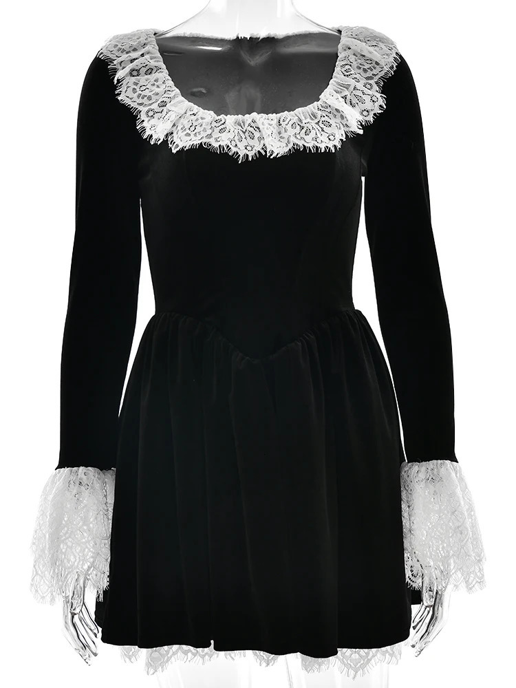 Fantoye Patchwork Sexy Square Collar Lace Women Dress Black Flare Sleeve French Dress Female Winter Slim Elegant Party Clubwear 241111