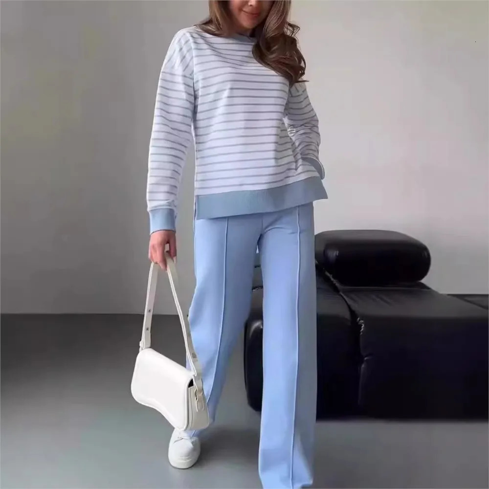 Casual Crewneck Printed Striped T Shirt Two Piece Womens Autumn Winter Loose Wide Leg Pant Suit Fashion Female Street Wear 241111