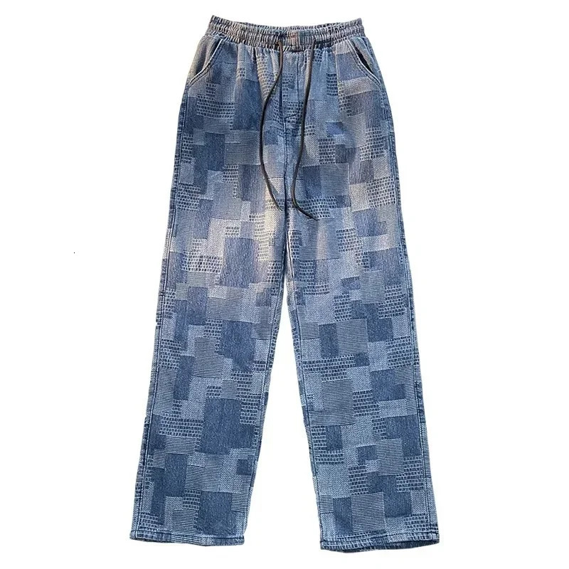 Autumn Blue Black Plaid Jeans For Men Y2K Vintage Wideleg Jean High Street Loose Straight Denim Trousers Hip Hop Pantalones 241111