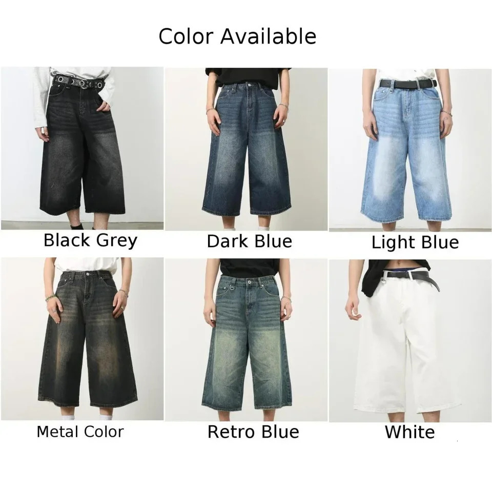 Mens retro Y2k loose fit slim shorts with wide legs and high waist washed knee jeans 241108