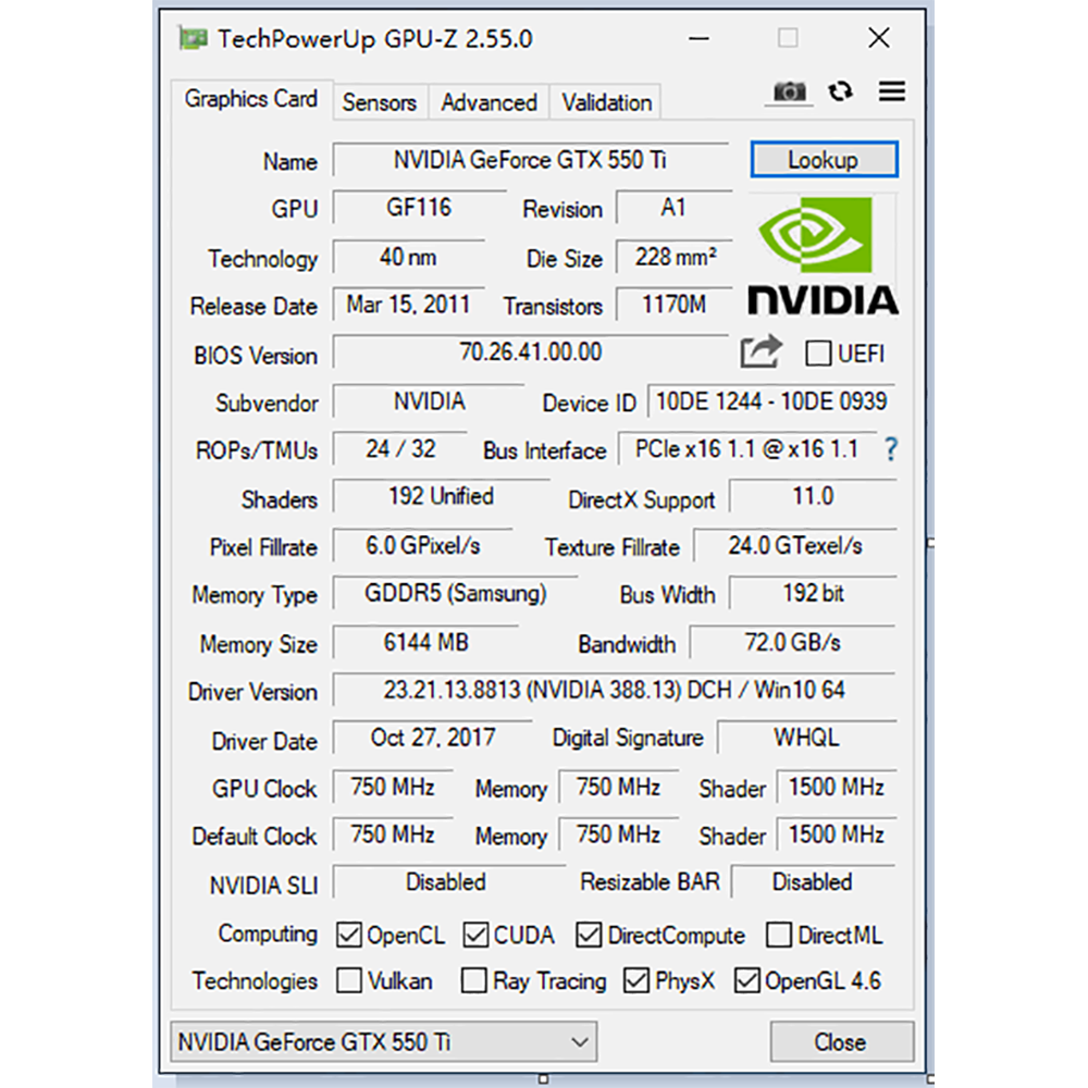 ASPIRING GTX550Ti Gaming Graphics Card, 6GB GDDR5 192BIT Computer Video Cards with Fans, PCIe 2.0 VGA/DVI/HDMI Video Graphics Card GPU