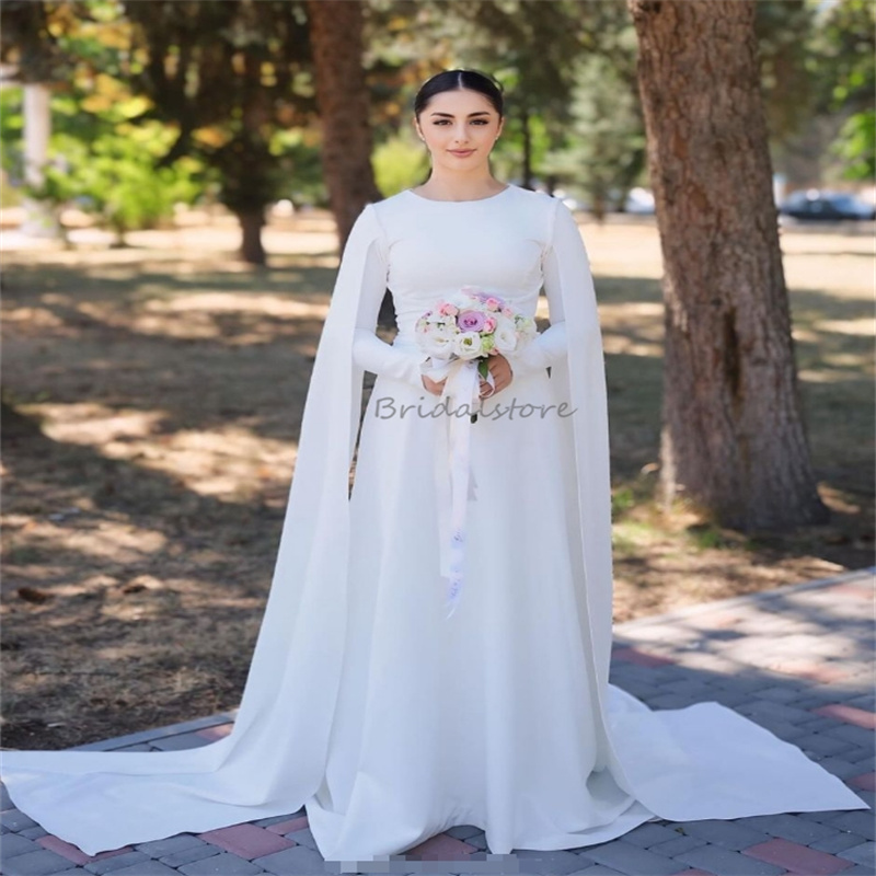 Saudi Arabic Dubai Wedding Dresses Fairy Caftan Long Sleeve Islamic Muslim Bride Dress Satin Forest Vestio De Novias Gelinlik Elegant Robe De Mariage 