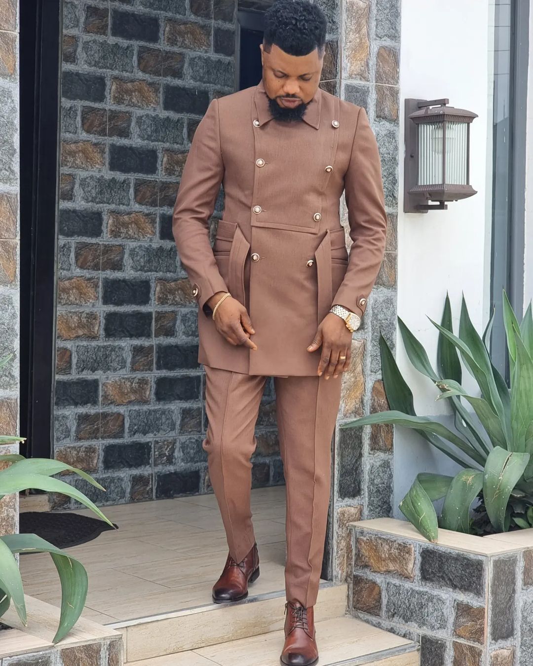 Men Suit Set Blazers For Men Brown Double Breasted Luxury Man Wedding Suit 2 Pieces Coat Pants Latest Design (Jacket+Trousers)