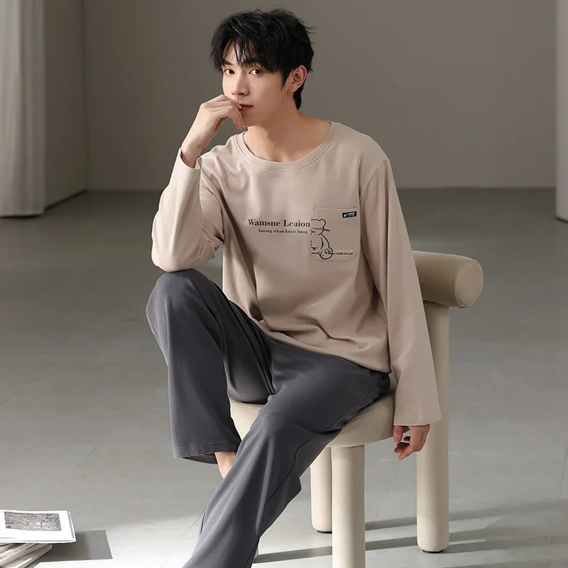 Type Pure Cotton Pajamas Suit Autumn Winter Men Longsleeved Largesize Lycra Loungewear Set Male Soft Homewear Gents 241111