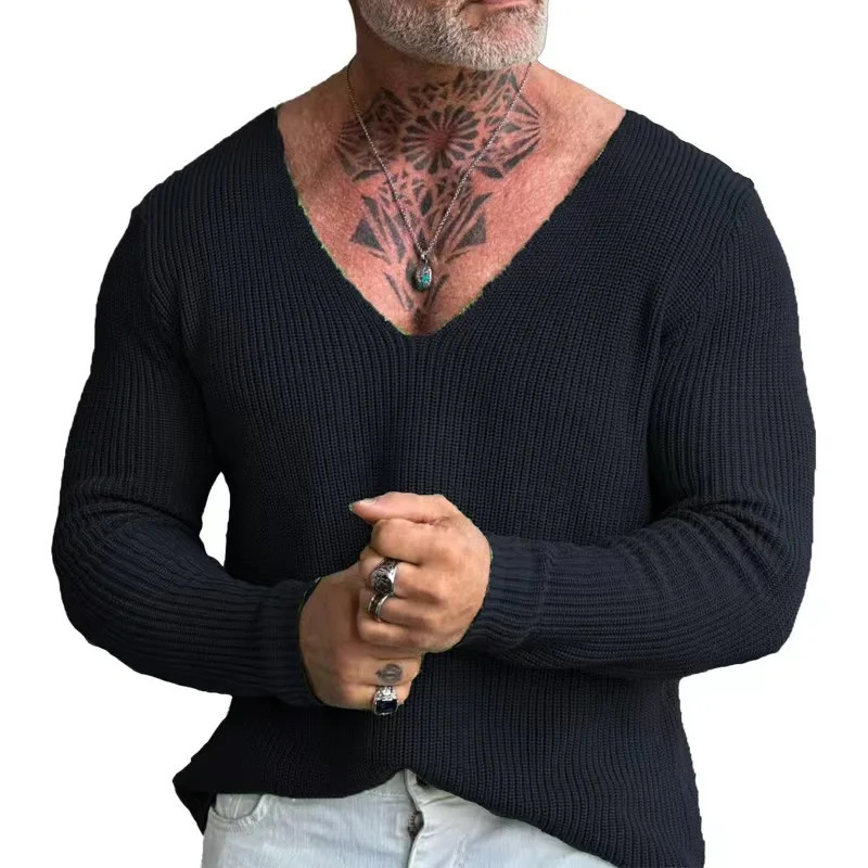 Autumn Winter Long Sleeve V Neck Oversized Sweater Casual Pullover Tops Men Vintage Solid Knitting Tshirts Mens Tees Streetwear 241111