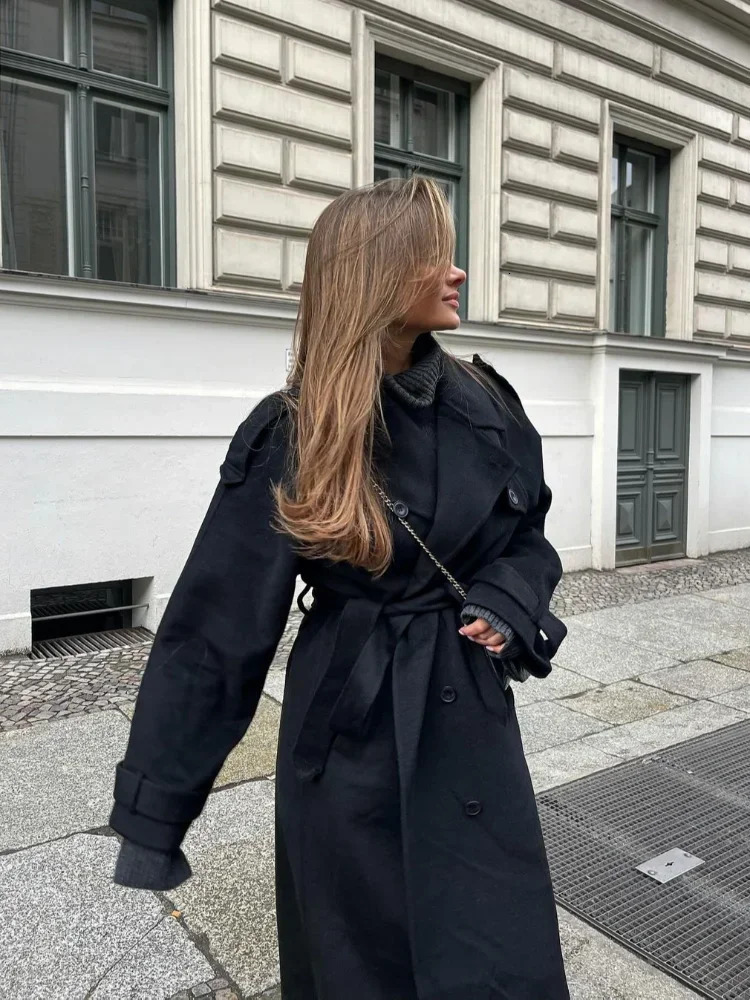 Fashion black wool womens long coat loose double button lapel coat autumn womens high street coat 241111