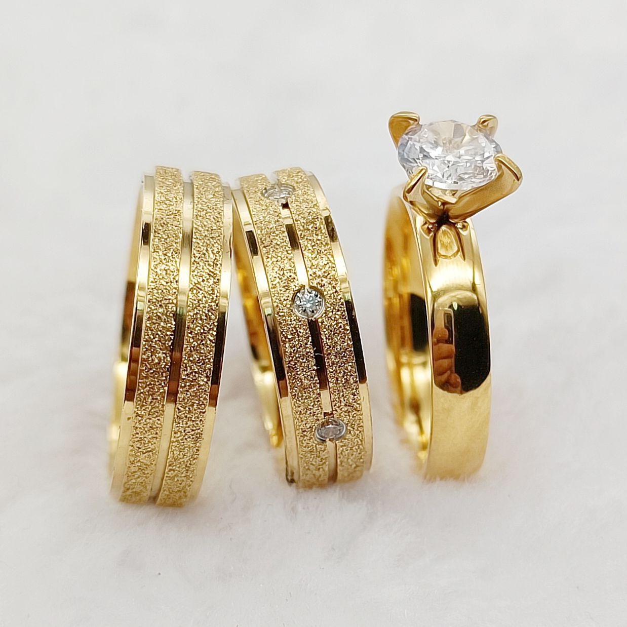 Conjunto de anillos de compromiso de boda para mujer, anillo de dedo chapado en oro de 24k, hecho a mano, 3 piezas