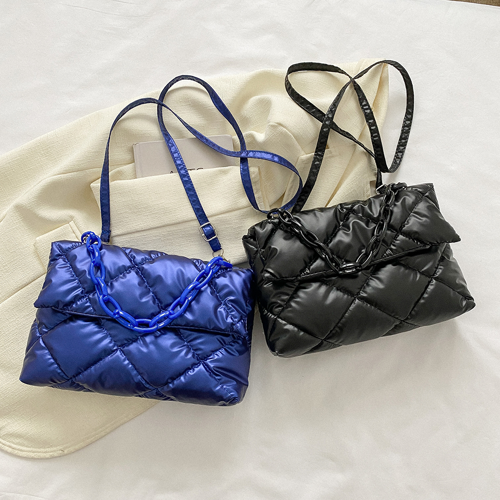 Women Fashion Chain Crossbody Bags Winter Cotton Padded Quilted Shoulder Bag Casual Simple Female Girls Handbags