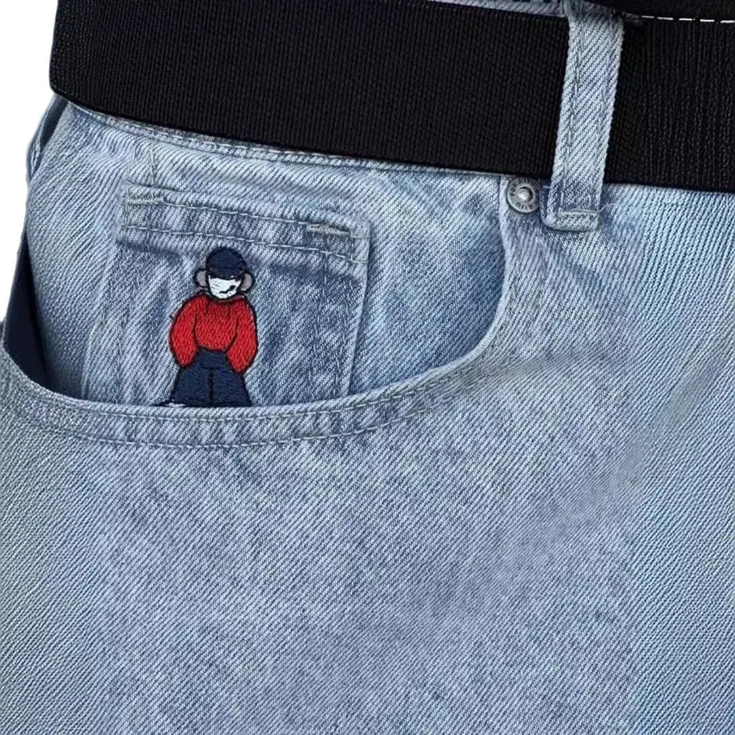 Y2K PoKAIFU High Street Hip Hop Embroidery Pattern Straight Jeans Mens fashionable casual and versatile jeans 241111