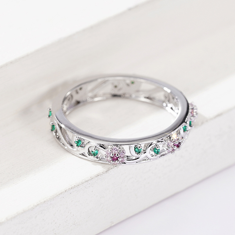 Classic 925 Sterling Silver Flower Ring Purple Diamond Ring Green Crystal Solitaire Ring Luxury Wedding Ring Party Dress Jewelry