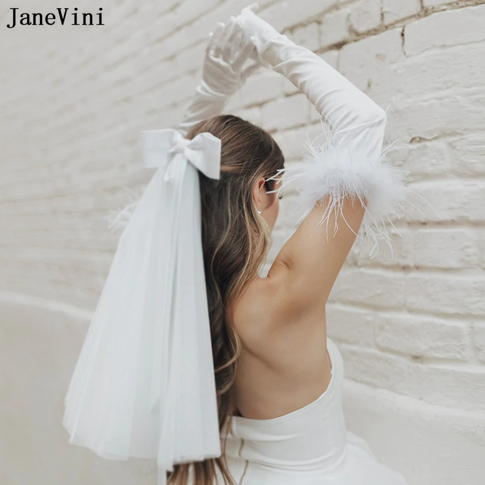 JaneVini 2023 White Feathers Long Bridal Gloves Women Satin 55cm Long Bride Wedding Gloves Arm Length Lange Handschoenen Dames