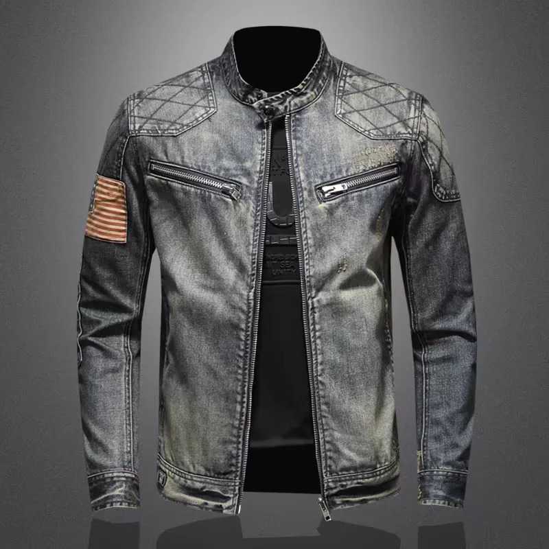 mens denim jacket trend retro fashion casual stand up collar zipper jacket handmade cyclist clothing denim top 241108