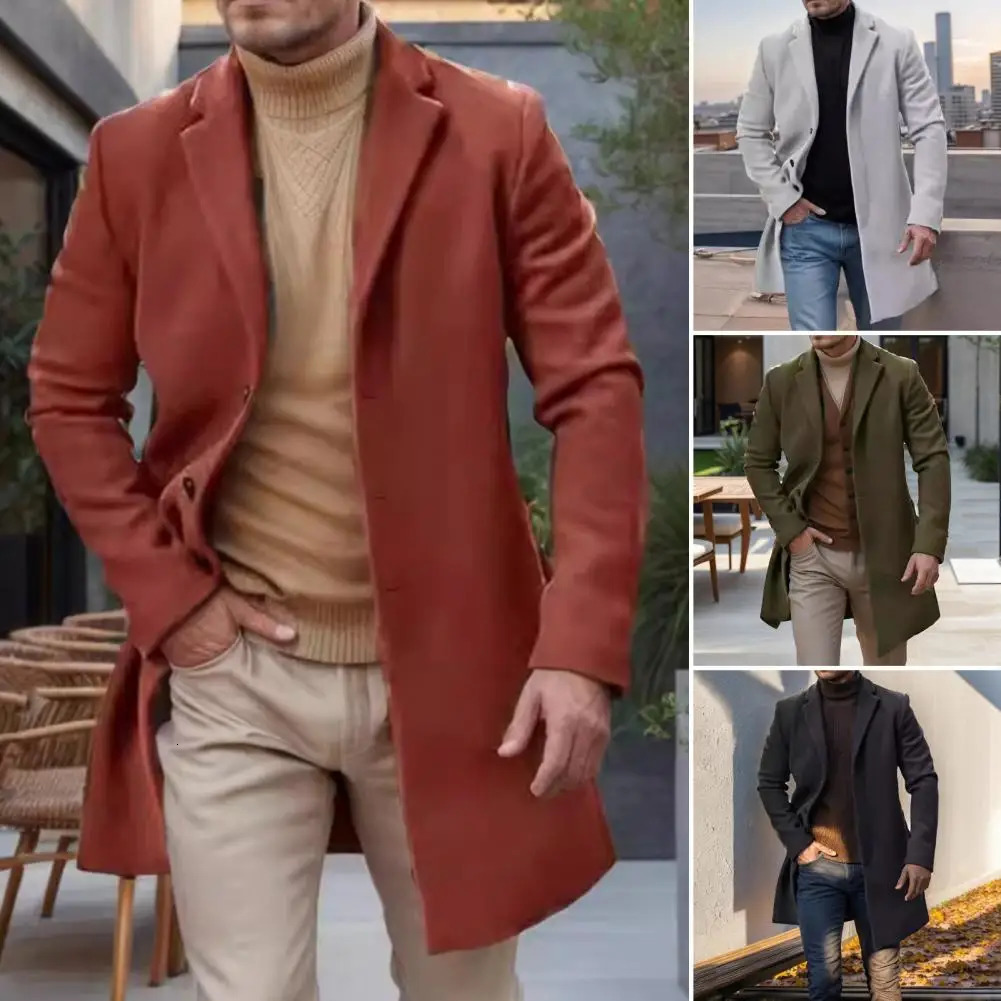 Long-sleeved Coat Stylish Mens Woolen Coat With Lapel Single-breasted Closure Solid Color Mid-length For Autumn 241111