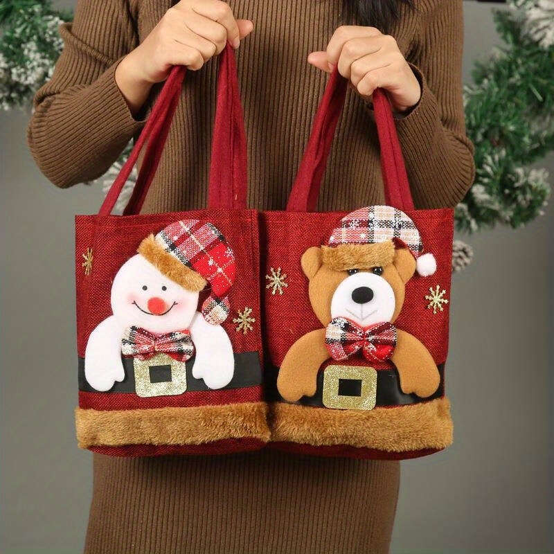 Christmas 4pcs Set of Festive Gift Bags with Santa, Snowman & Reindeer Dolls - Charming Holiday Drawstring Pouches Gifts, Candy, Party Favors | Perfec