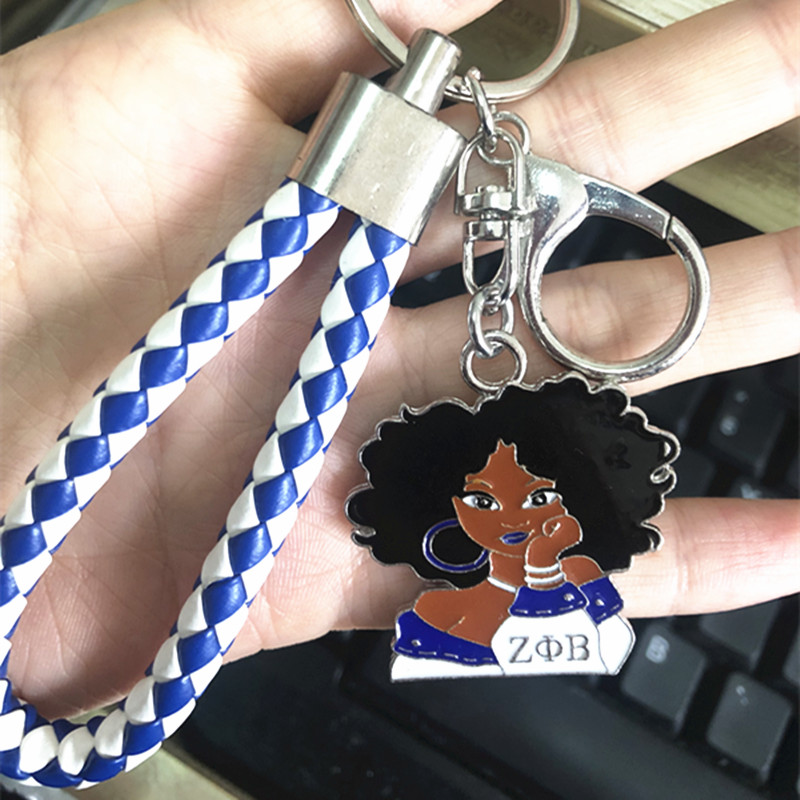 1Pcs Zeta Phi Beta Charm Crystal Pearl Braided Leather Keychain OKC28 DIY Fraternity Sorority Greek Bag Car Accessory KeyRing