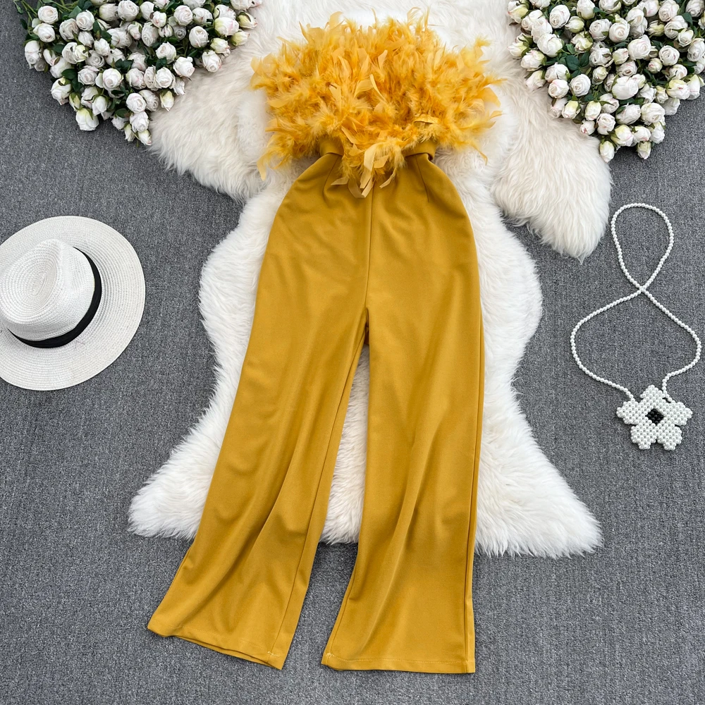 Feather Spliced Elegant Belt Jumpsuits for Women Tassels High Waist Solid Colours Straight-leg Pants Chic Skinny Femme Bodysuits