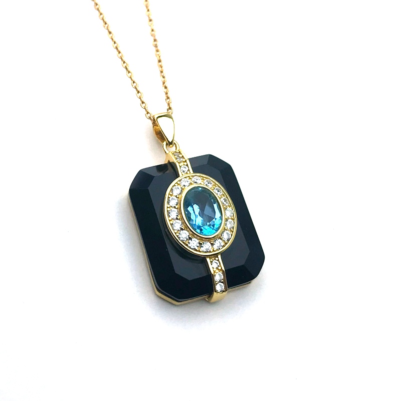 CSJ New Natural Blue Topaz Pendants Sterling 925 Silver Blacke Agate Necklace for Women Birthday Party Sparking Jewelry Gift