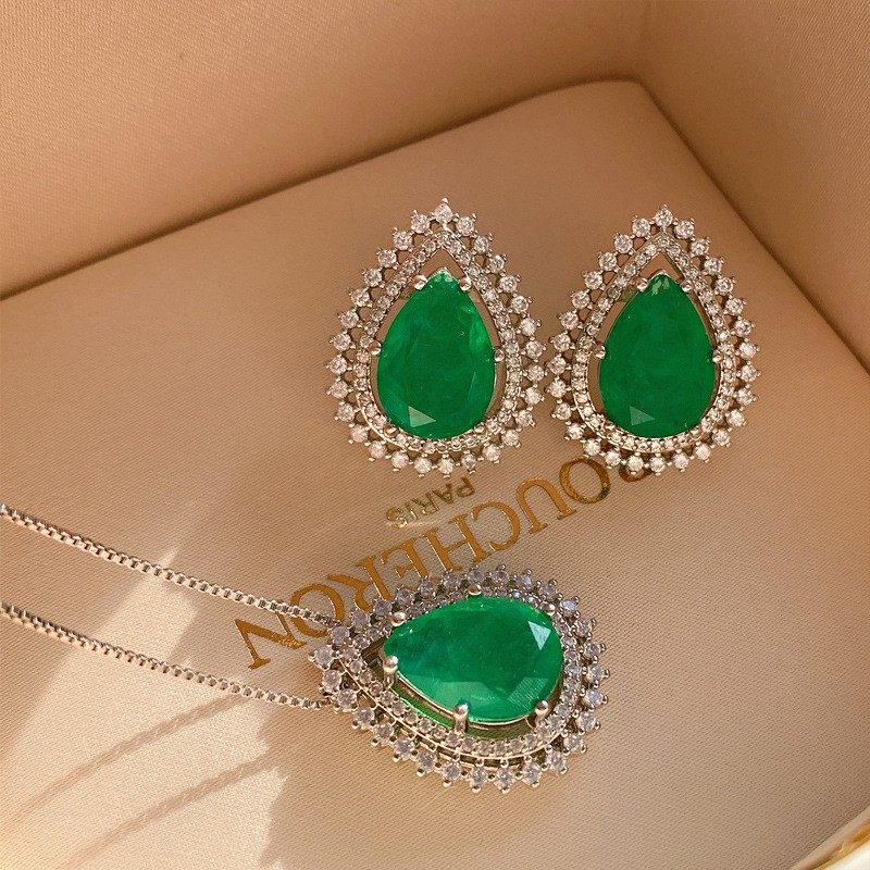 QXTC Pear-Shape Paraiba Tourmaline Emerald Gemstone Lab Dia Pendant Necklace Stud Earrings Jewelry Sets Gifts for Women 3eb98 5 84ddb