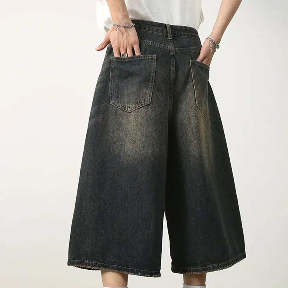 Mens retro Y2k loose fit slim shorts with wide legs and high waist washed knee jeans 241108