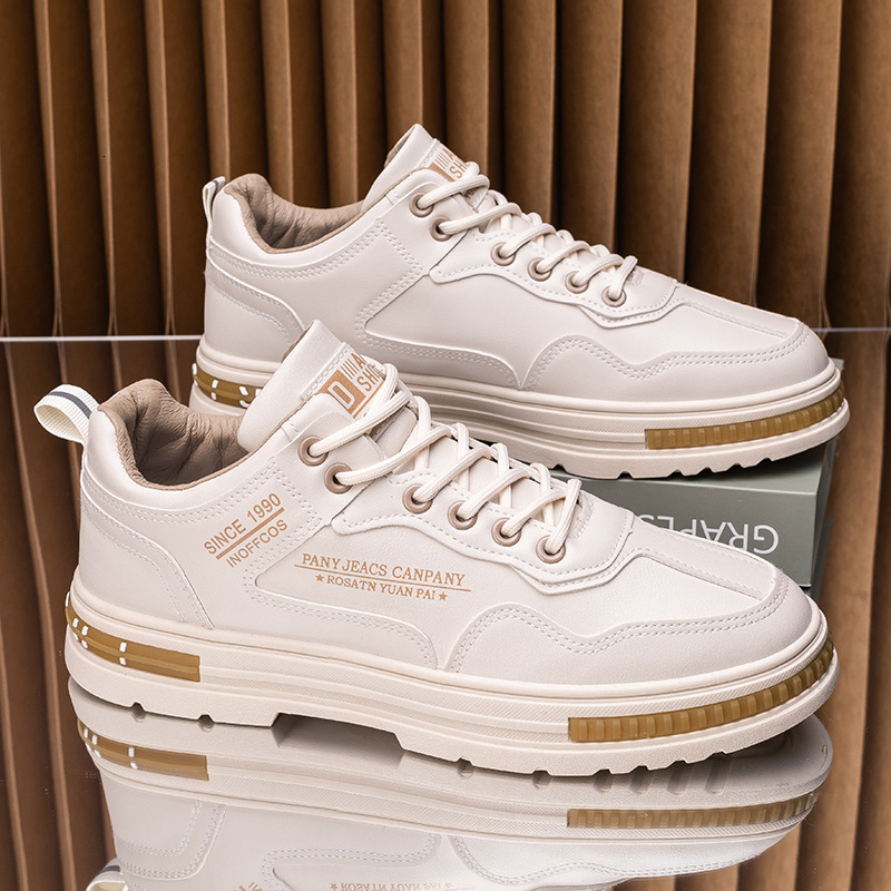 Winter Versatile Men's Workwear White Board Shoes With Waterproof Leather Surface 2025 New Casual Sports Martin Sneakers