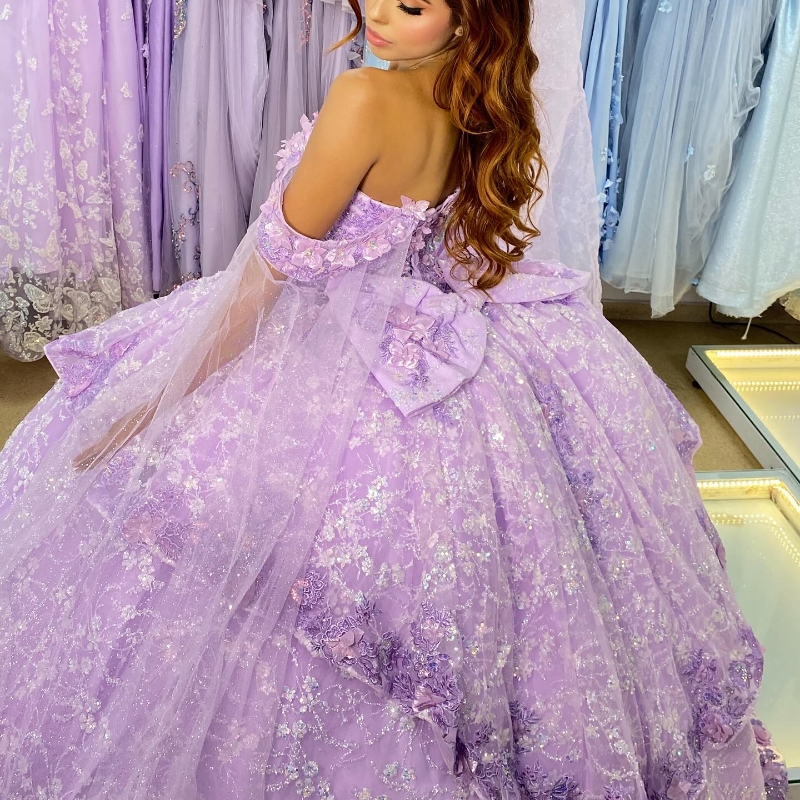 Sparkly Lilac Quinceanera Dress Ball Gown 3D Flower Applique Beading Tull Mexico Corset Sweet 16 Vestidos De 15 Anos