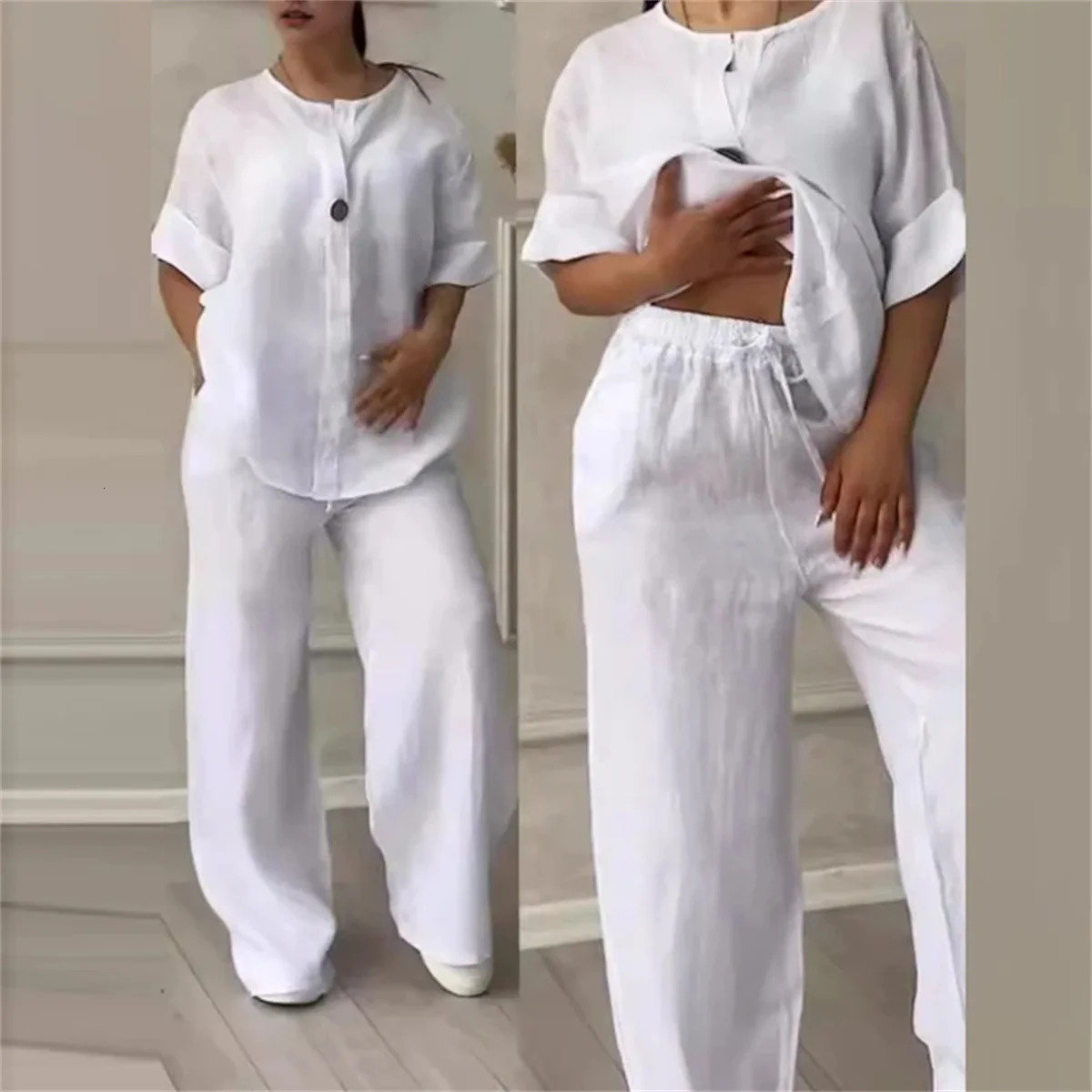 Solid V Neck Loose Suit One Button Long Sleeve Top Wideleg Pant Outfit Comfortable Two piece Set Casual 2PCS 2024 241108