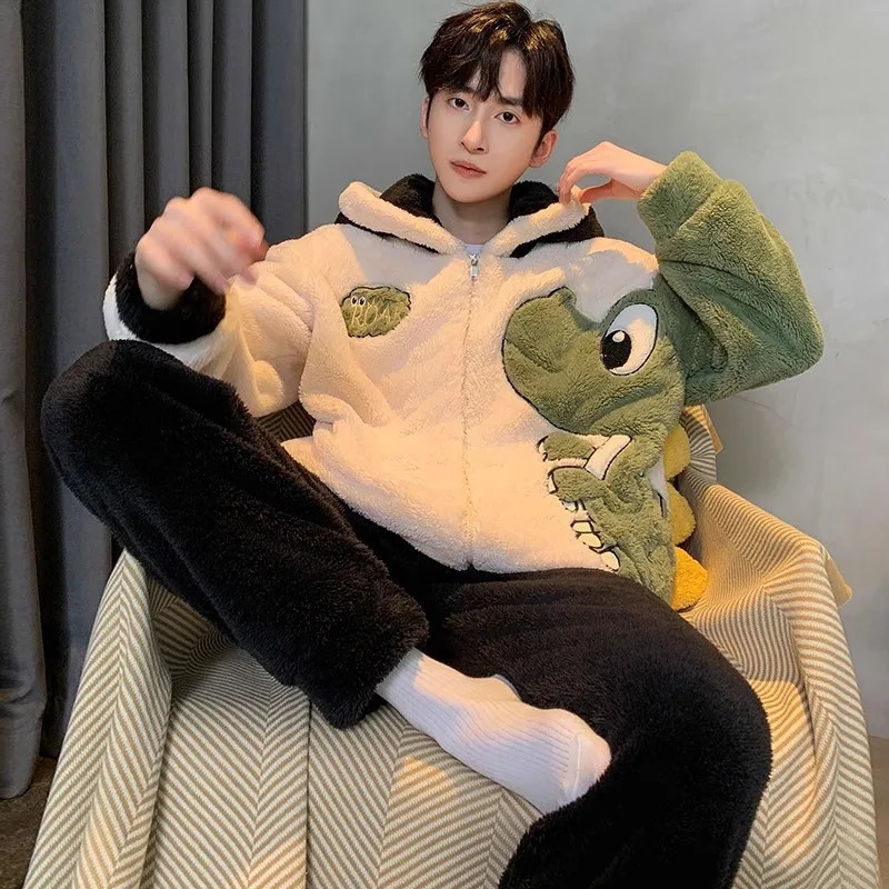 Antistatic Coral Fleece Mens Winter Pajamas Set Thicken Flannel Warm Sleepwear Big Size 3XL Zipper Soft Pajama Men pyjama homme 241111