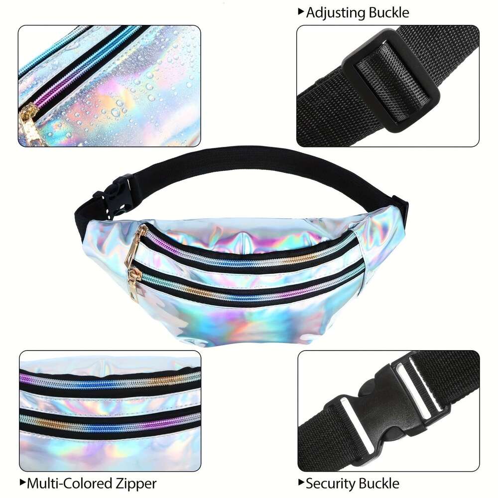 Fashion 12-Pack Vibrant Holographic Fanny Pac Women Waterproof, Adjustable, 3-Pocket Waist Bag with Zipper Closure - Ideal for Sports, Outdoors, Trave