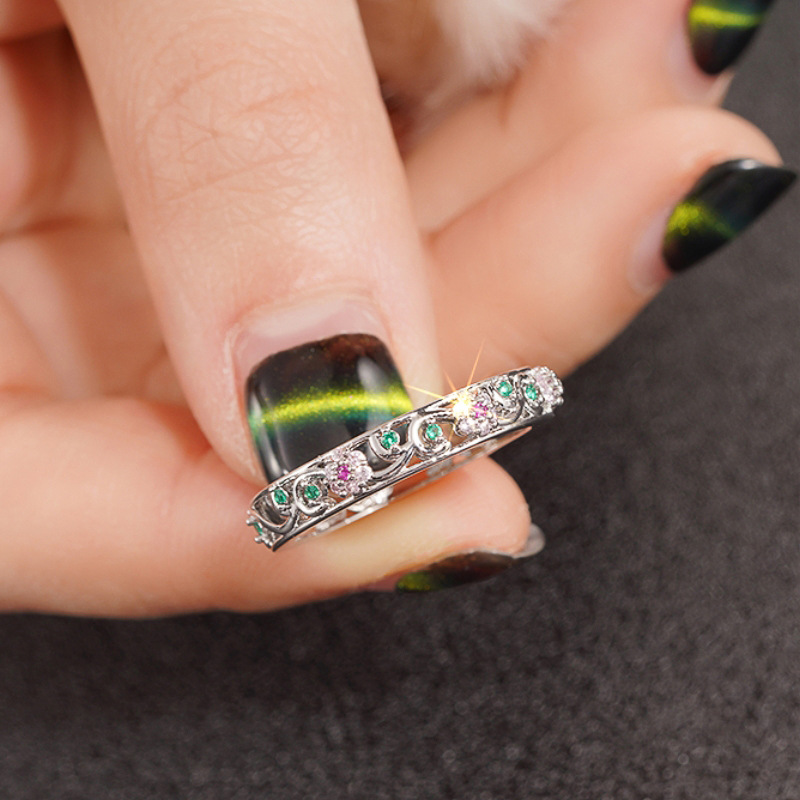 Classic 925 Sterling Silver Flower Ring Purple Diamond Ring Green Crystal Solitaire Ring Luxury Wedding Ring Party Dress Jewelry