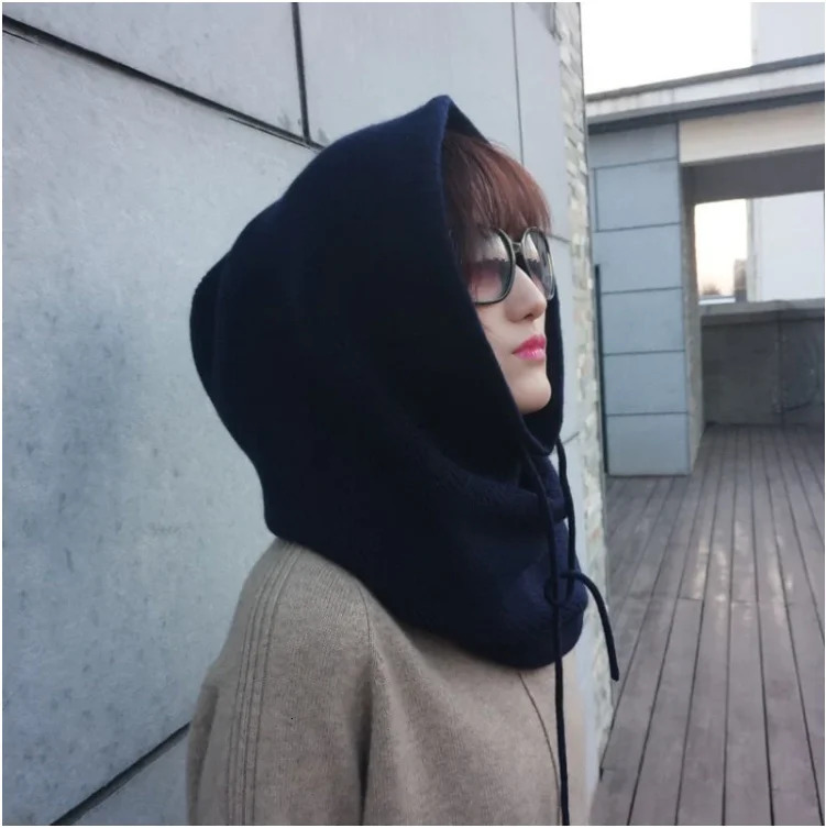 Cashmere Wool Hats Bib One Female Winter Thick Knitted Skullies Version Cap Women Earmuffs Collar Soft Warm Beanies Hooded Scarf 241108