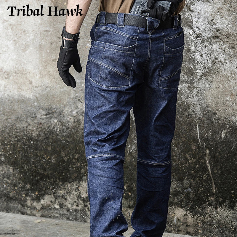 Men Tactical Pants Combat Denim Work Jeans Cargo Spring Casual Male Trousers Multi Pockets 241111