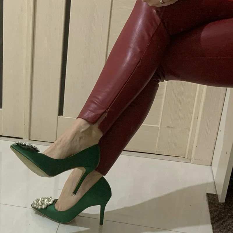 Women 10cm High Heels Sexy Rhie Green Pink Gray Pointed Toe Pumps Lady Silk Satin Escarpins Elegant Wedding Evening Shoes 241111