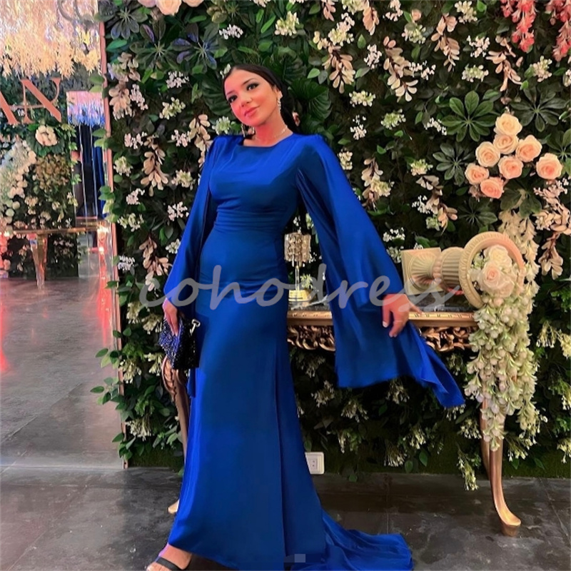Chic Blue Saudi Arabic Evening Dress Elegant Long Sleeve Mermaid Prom Dresses Sweep Train Formal Party Gowns Charming Special Occasion Vestio De Fiest
