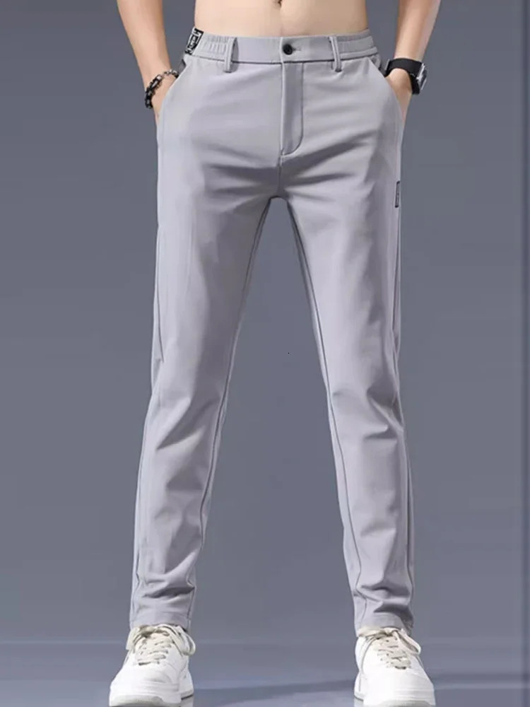 Mens casual pants semi elastic waistband nylon ice silver elastic straight tube light gray business gentleman summer casual 241111