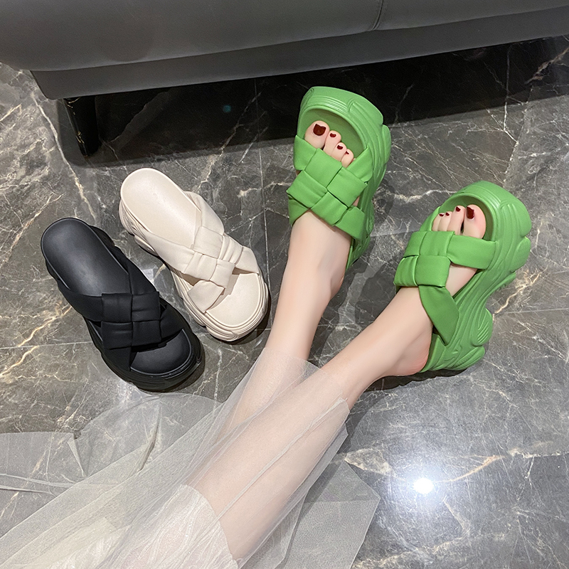 Women 7.5CM High Platform Slippers Solid Color Thick Soles Leather Sandals Woman Chunky Summer Casual Beach Slides Zapatos Mujer