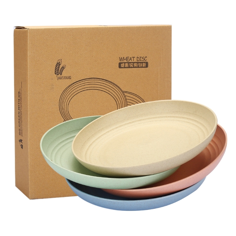 4 Pcs Reusable Camping Plates Round Dishes Wheat Straw Plates Unbreakable Microwaves Safe Dishes for Camping, Home