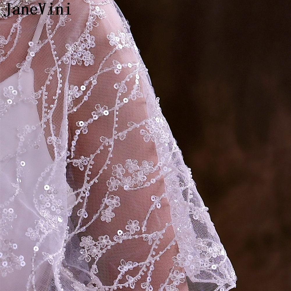JaneVini Luxury Sequined Wedding Shawl Boleros Sparkly Beaded Pearl Bridal Coat Wraps Party Capes Tulle Lace Flowers Jacket Top