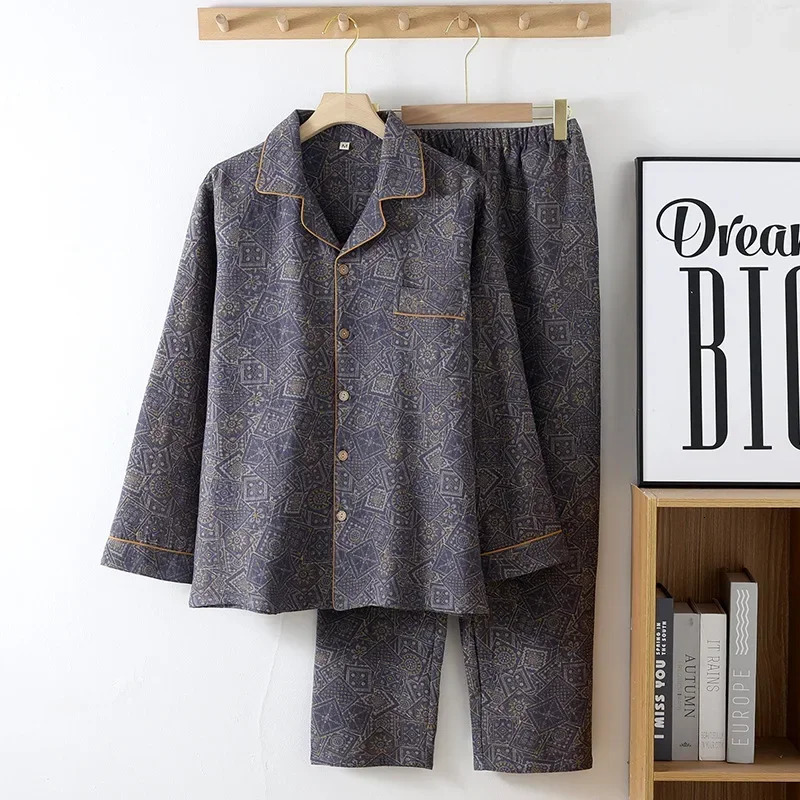 Cotton Doublelayer Simple Mens Spring and Autumn Sleepwear Thin Long Sleeved Pants Loose Home Pyjama Suit 241111