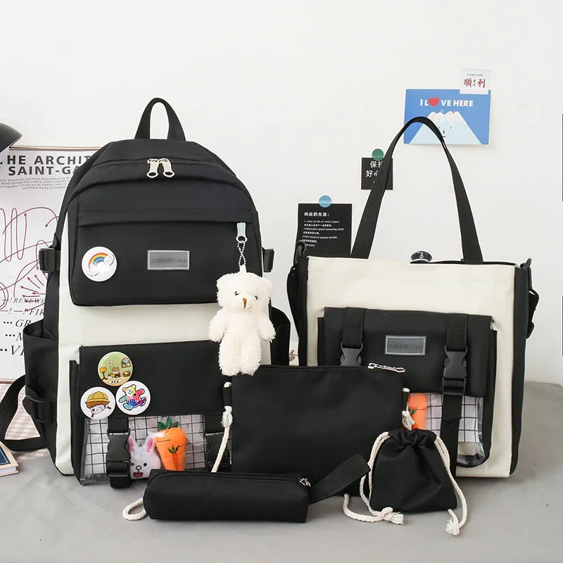 large-capacity shoulder bag Cute carrot rabbit doll pendant Simple versatile schoolbag fashion schoolbag five sets Se 241111