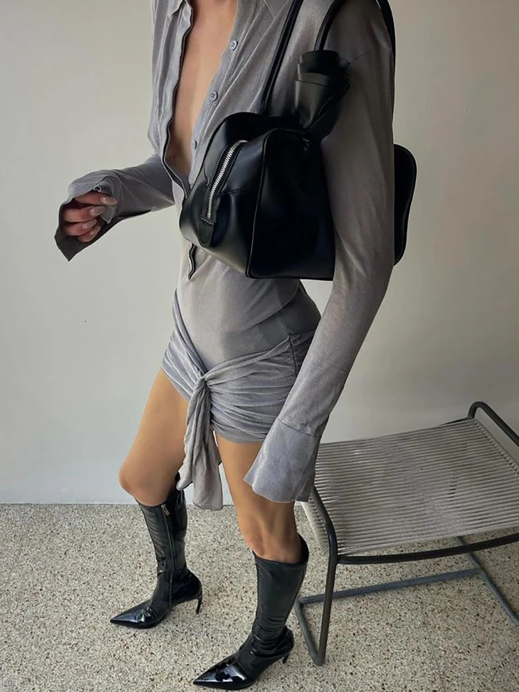 Fantoye Turn-down Collar Bandage Ruched Women Dress Long Sleeve Single Breasted Dress Autumn Skinny Elegant Vacation Party Dress 241111