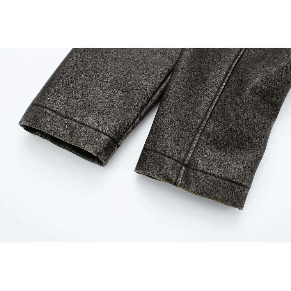 shanshi leather jacket women Wind new women's lapel pocket single breasted faux leather short jacket jacket facing
