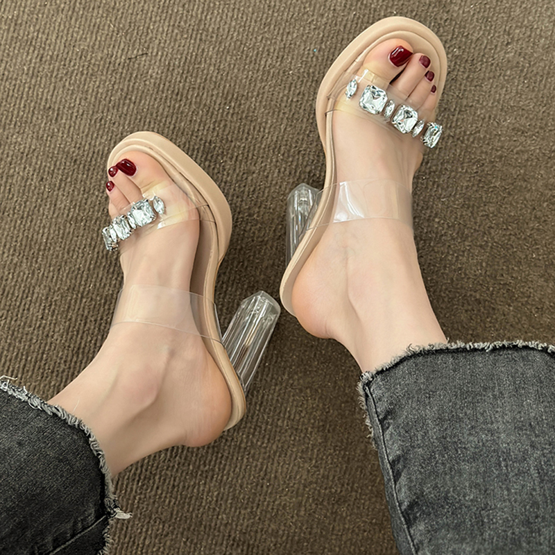Platform Chunky High Heels Women Summer 2023 New Shiny Crystal Transparent Pvc Sandals Woman Clear Thick Heeled Party Shoes 23c9