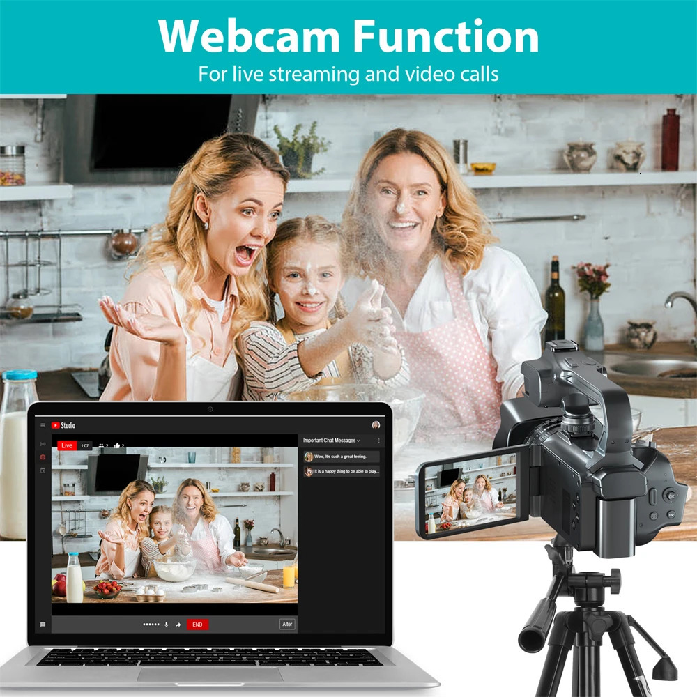 4K Camcorder Digital Video Camera For Live Stream WiFi Webcam 18X 64MP Vlog Recorder 4 Inch Rotate Screen 240407