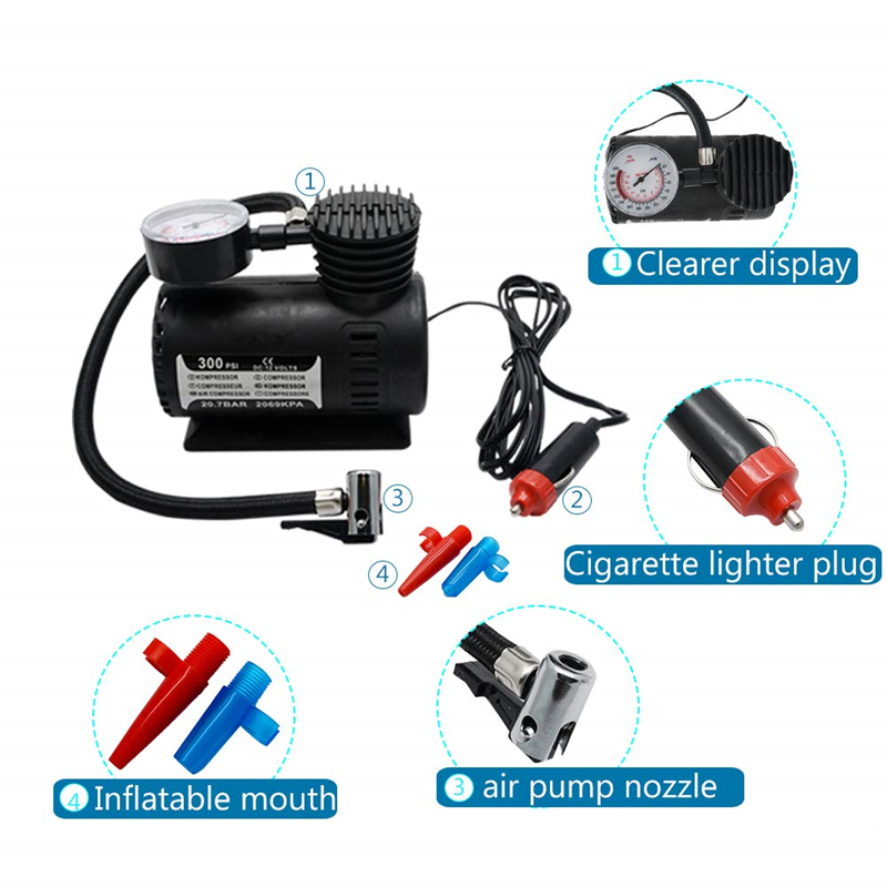 Electric Air Compressor Car Tyre Pump Heavy Duty Inflator 300psi 12v Compressor Portable Vehicle Electric Small Air Pump