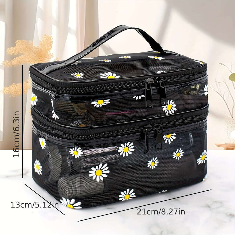 Daisy Mesh Cosmetic Large Capacity Convenient Travel Wash Double Layer Make Up Supplies Storage Makeup Bag
