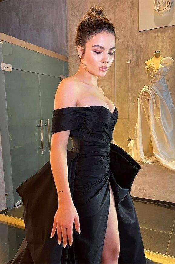 Black Off the Shoulder Satin Pleated Dress Mermiad Side Slit Prom Gown with Removable Court for Women vestidos de festa